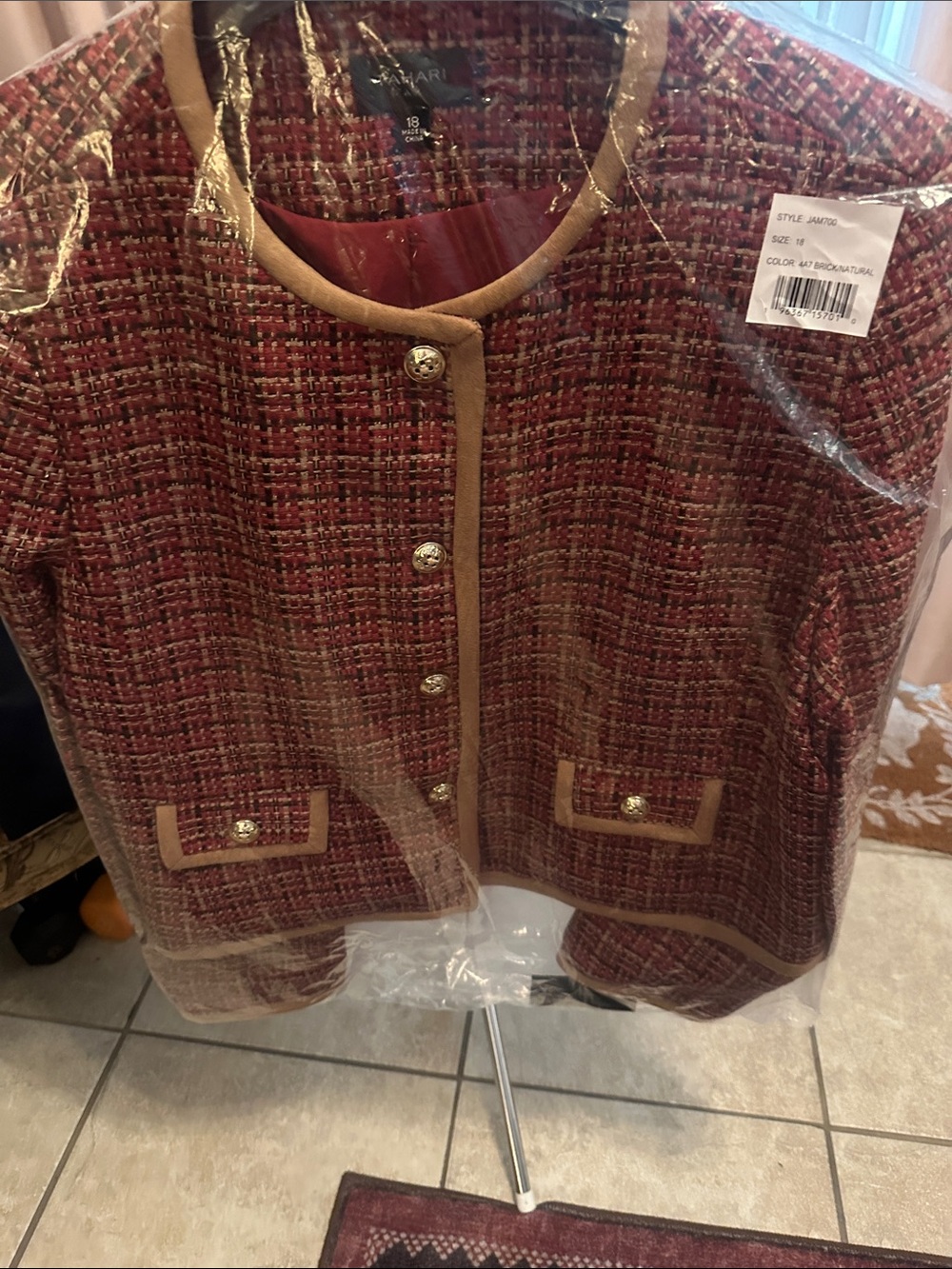 Tahari Burgundy Tweed Blazer with Tan Trim
